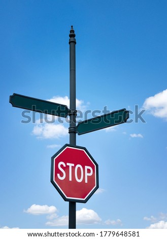 A stop sign and blank street signs against blue sky and white clouds. Room for your custom text. Concept for decision making, two alternatives. 