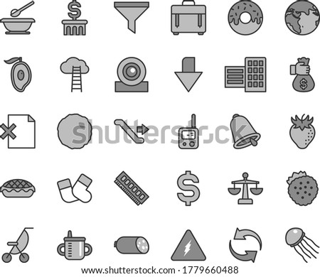Thin line gray tint vector icon set - downward direction vector, renewal, scales, mug for feeding, summer stroller, warm socks, toy phone, plates and spoons, city block, bell, case, delete page