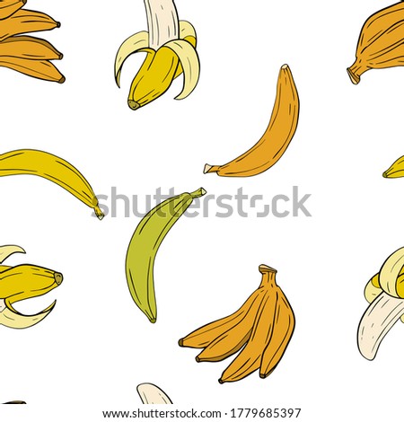 Vector banana seamless pattern. Different tasty bananas on a white background. For children, goods, clothes, fabrics, textiles, decor, packaging, invitations, cards, holidays, birthday.