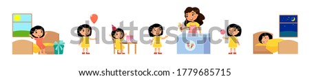 Birthday of little asian girl. Concept of children's holiday, pocket money. Joyful child receives gift, eats cake, buys sweets, holds balloon, sleeps happy. Cartoon characters set 