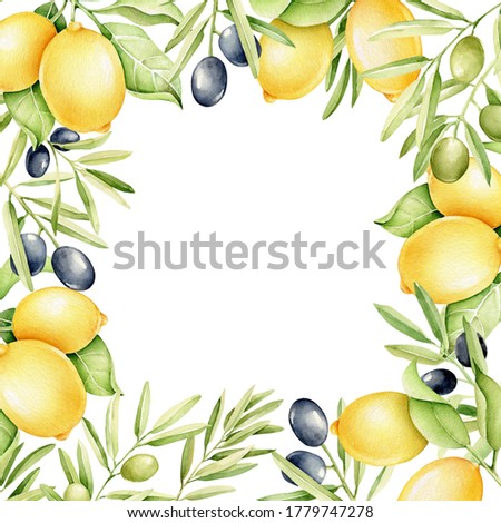 Hand drawn watercolor decorative frame with lemon and olives