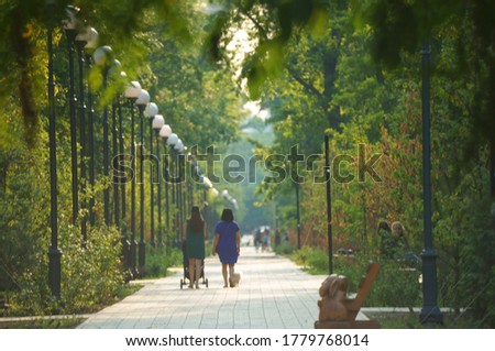 Blurred background. People walk in the city Park. Natural landscape. Summer walk.