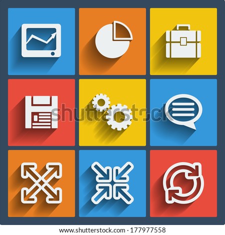 Set of 9 vector universal web and mobile icons in flat design. Symbols of diagrams, briefcase, portfolio, floppy, gears, chat bubble, arrows