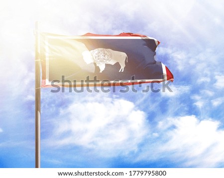 National flag of State of Wyoming on a flagpole in front of blue sky