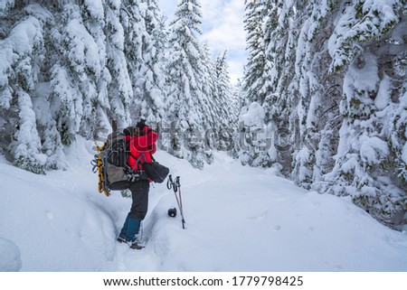 Travel photographer with backpack take a picture of snowcovered winter forest.
