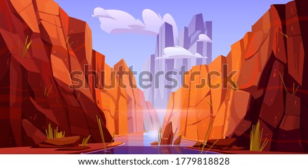 Grand Canyon with river on bottom, national park of Arizona state on Colorado stream. Red sandstone mountains, horizon with sand rocks and sky, nature landscape background, Cartoon vector illustration Royalty-Free Stock Photo #1779818828