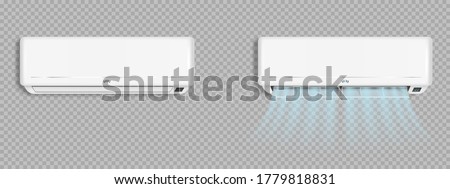 Air conditioner with cold wind waves, conditioning off and on regime for home and office, electronic modern appliance for controlling temperature and climate in room, realistic 3d vector illustration Royalty-Free Stock Photo #1779818831