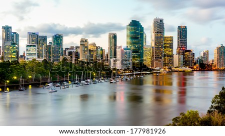 Scenic view of Brisbane River and Cityscape from Kangaroo Point Cliffs late afternoon. HDR image.