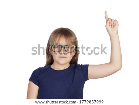 Beautiful little girl with glasses asking to speak isolated on white background