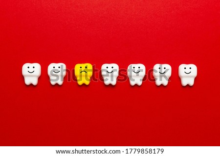 Teeth whitening, enamel. Cleanliness and hygiene of oral cavity for children. Cartoon anatomy on red background.