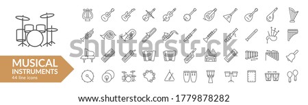Musical instrument line icon set. Strings, winds, keyboards, percussion. Vector illustration. Collection