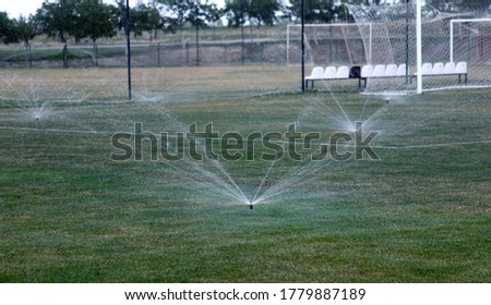 Fountains spraying water for irrigation of green grass of sports football field of stadium. Watering green grass field of stadium