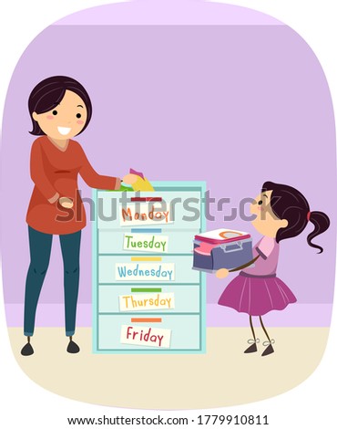 Illustration of a Kid Girl Organizing Clothes with Mother with Drawers with Day Labels