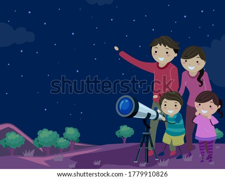 Illustration of a Stickman Family Outside at Night Star Gazing Using Telescope