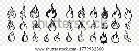 Hand drawn flames doodle set. Collection of pen ink pencil drawing sketches of fire twinkles isolated on transparent background. Illustration of nature phenomenon.