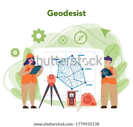 Geodesy science concept. Land surveying technology. Engineering and topography equipment. People with compass andmap. Vector illustration in cartoon style
