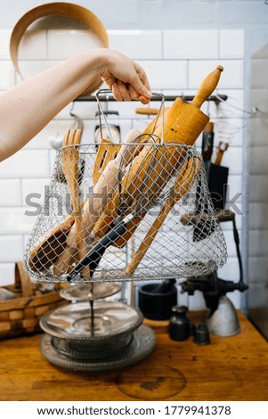 vintage metal mesh bag for kitchen utensils. Cutlery for cooking.