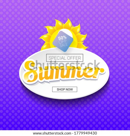 vector special offer summer label design template . Summer sale banner or badge with sun and text on summer violet background 