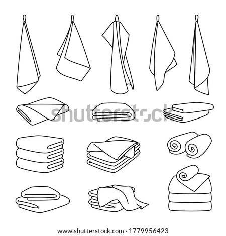 Hotel bath towel icons. Stacked textile fabric, fluffy roll for spa and kitchen, vector illustration of folded and hanging items for bathroom isolated on white background Royalty-Free Stock Photo #1779956423