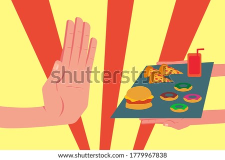 Healthy lifestyle vector concept: closeup of unidentified hand refusing a tray full of junk foods