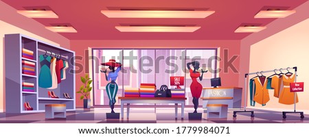 Fashion store interior with counter, mannequins, hangers and showcase with dresses and shoes. Vector cartoon illustration of boutique inside, clothes shop with discount Royalty-Free Stock Photo #1779984071