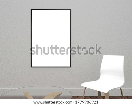 Vertical Black carved frame on gray wall with glass table and plastic chair is blanked. For background of arts, photographs and paintings. Interior, decoration, framework and gallery.
