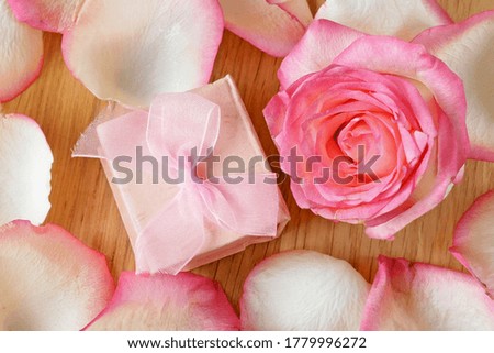 pink rose, petals and box gift on wooden background
