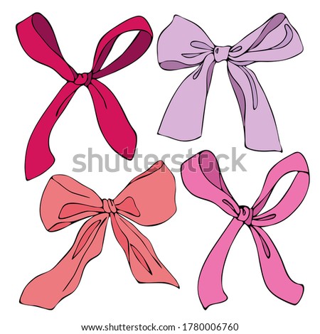 Coloroful hand drawn pink ribbon vector illustration isolated on a white background. Beautiful bows set for graphic design. 