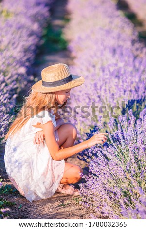 Little adorable girl in lavender flowers field in white dress and hat