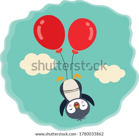 Cute penguin flying with two red balloons in sky with clouds
