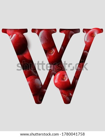 Letter W from english alphabet created from cherries. 3D cherry letter with shadow behind a light gray paper.