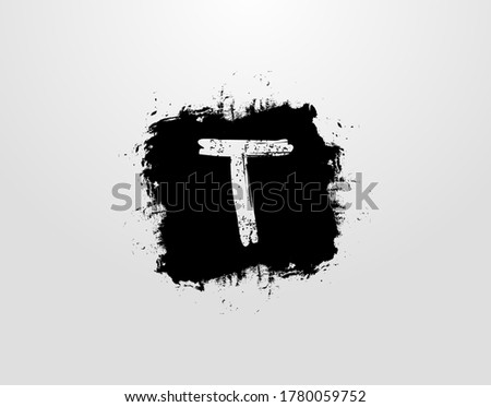 T Letter Logo With Black Square Splatter Element. Grunge Retro logo design template.