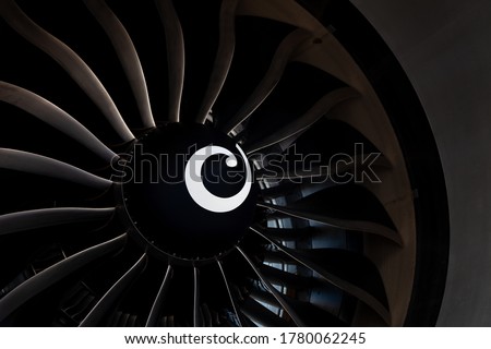 Turbine blades of an aircraft jet engine. Close up Turbines Engine. Aviation Technologies. Aircraft jet black detail during maintenance. Background. Macro. Royalty-Free Stock Photo #1780062245