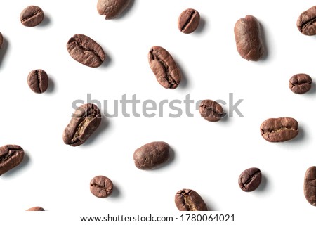 Coffee beans isolated on white background. Flat lay style. 