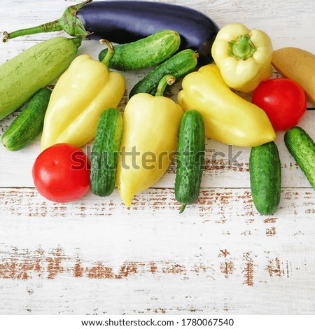 Organic Vegetables and fruits on white  wooden background, online market, green grocery delivery at home concept