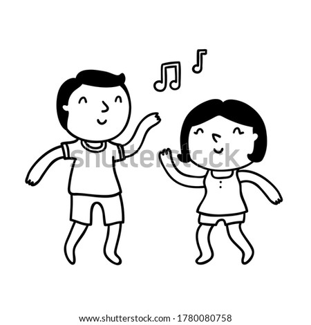 Cute cartoon couple dancing and having fun, isolated vector outline illustration