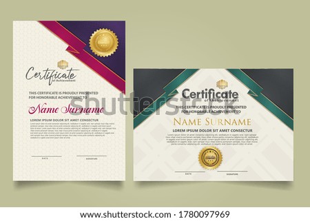 Set vertical and horizontal certificate template with ribbon stripes ornament and modern texture pattern background. Diploma. Vector illustration for other users