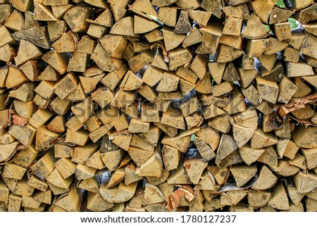 wall firewood, Background of dry chopped firewood logs in a pile