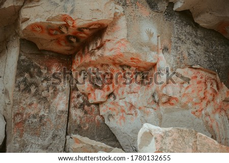 A closeup picture of a Cave of the Hands in Santa Cruz Province, Argentina