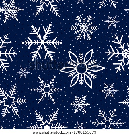 Falling snowflakes on blue background. Seamless pattern snowflake. Design texture winter season for prints. Handdrawn snowflakes. Repeat snow flakes. Snowflake in doodle style. Vector illustration 
