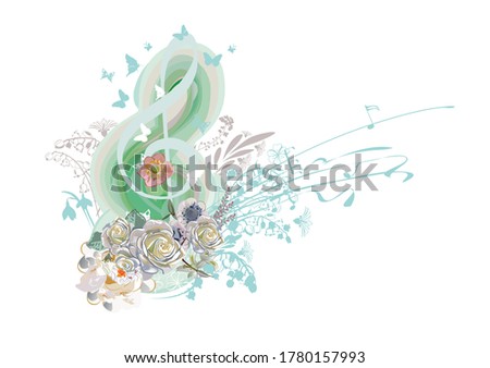 Abstract treble clef decorated with summer, autumn, winter and spring decorations: flowers, leaves, notes, birds. Hand drawn musical vector illustration.
