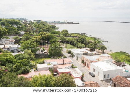 Colonia del Sacramento / Uruguay; Jan 2, 2019: panoramic view of the city and La Plata river, from the lighthouse