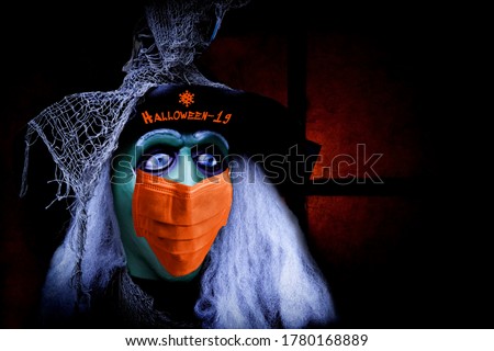 Scary Halloween Coronavirus COVID-19 Witch Wearing Protective Face Mask. Halloween concept.