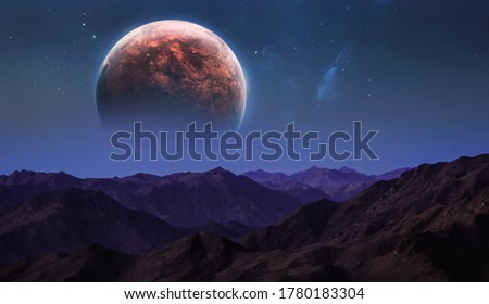 Abstract landscape with mountains and planet in starry sky. Purple stones. Nebula and deep space. Elements of this image furnished by NASA