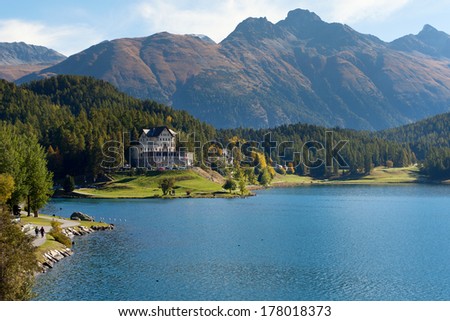 Coast of St. Moritz lake, Switzerland, Europe. Royalty-Free Stock Photo #178018373