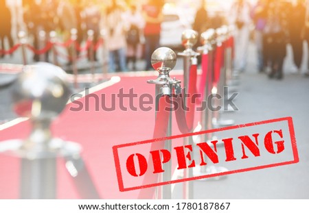 Opening ceremony. Template for event poster. Red carpet and barrier on entrance before opening ceremony.
