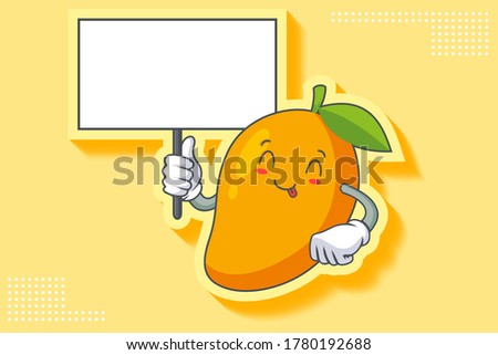 YUM, TONGUE, CHEERFUL Face Emotion. Holding Whiteboard Hand Gesture. Yellow Mango Fruit Cartoon Drawing Mascot Illustration. Royalty-Free Stock Photo #1780192688