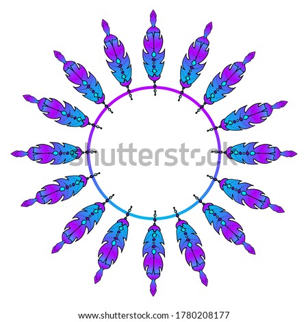 Feathers in a circle. Place for text. White background isolated. The colors used are blue and red. Feathers have an unusual shape and color.