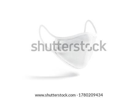 Blank white fabric face mask mockup, side view, no graity, depth of field, 3d rendering. Empty protection textile respiratory mock up, isolated. Clear reusable cover for safety  template.