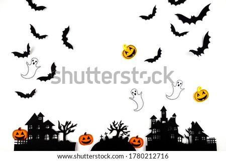 Halloween mock up concept.  Flying black paper bats , pumpkins and ghosts on white background. 